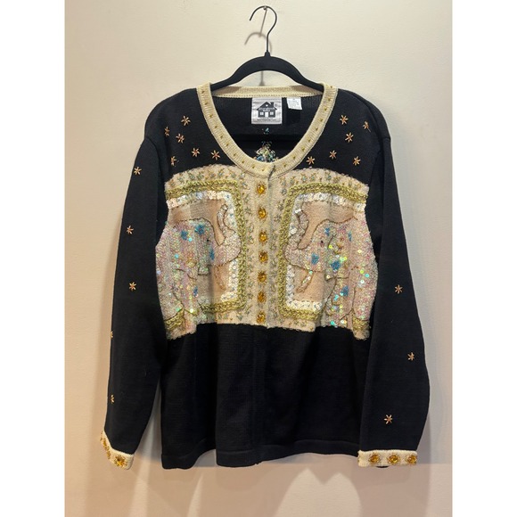 Storybook Knits Sweaters - Vtg Storybook Knits 1X Black Elephant Sequin Embellished Button Cardigan Sweater